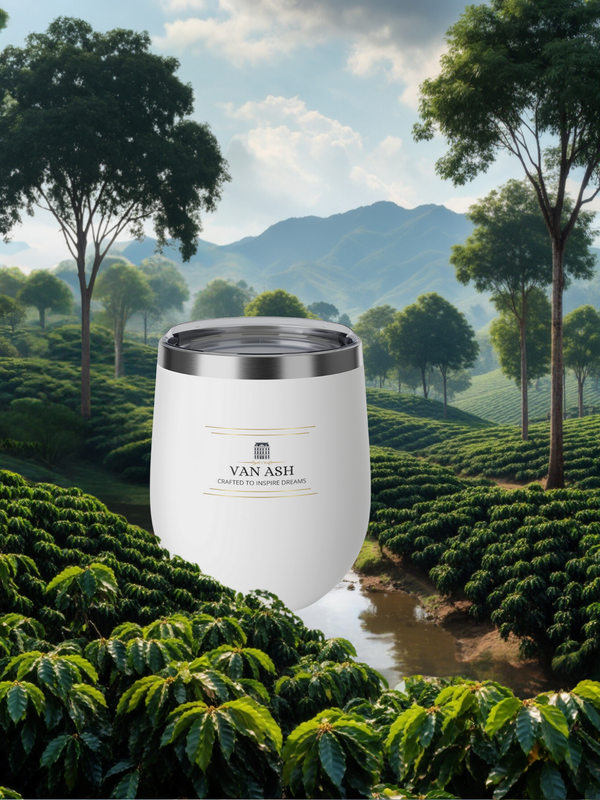 Van Ash Aurora Insulated Cup, a 12oz double-wall stainless steel cup with copper insulation and a push-on lid for elegant, effortless sipping.